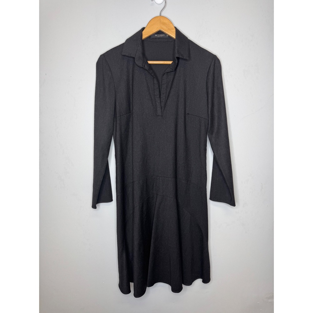 Etro Milano Women Charcoal Grey Contrast Collar Wool Long Sleeve Dress Size 42